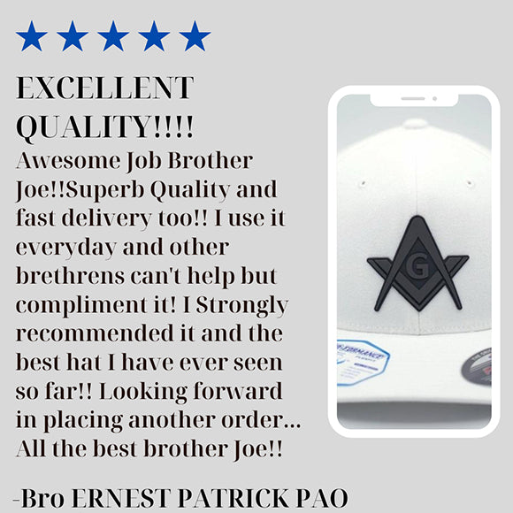 5 star review.EXCELLENT QUALITY!!!! Awesome Job Brother Joe!!Superb Quality and fast delivery too!! I use it everyday and other brethrens can't help but compliment it! I Strongly recommended it and the best hat I have ever seen so far!! The best!