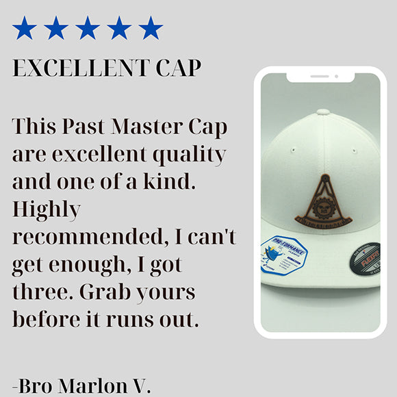 5 star review .EXCELLENT CAP This Past Master Cap are excellent quality and one of a kind. Highly recommended, I can't get enough, I got three. Grab yours before it runs out. mason gear freemason 3d cap . rubberized 3d cap head gear. mason cap / hat