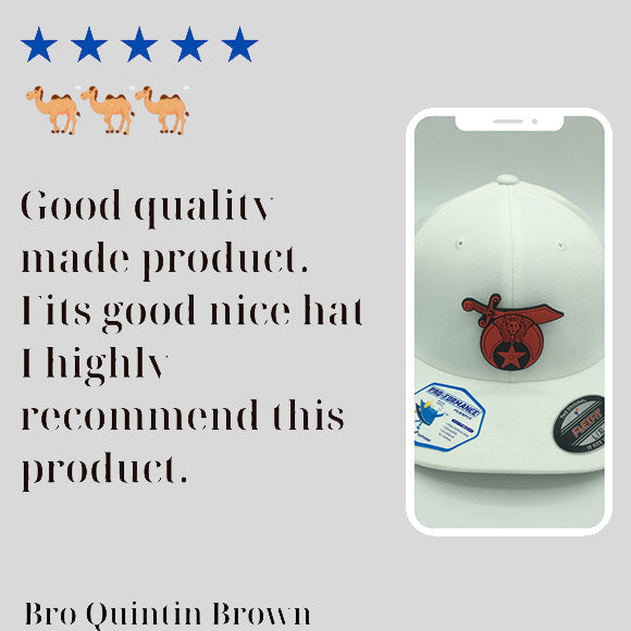 5 star review. Shriners rubberized 3d cap.Good quality made product. Fits good nice hat I highly recommend this product.SO PROUD TO WEAR! The quality and the design are superb.This hat by far is the best designed hat that I have been able to find. 